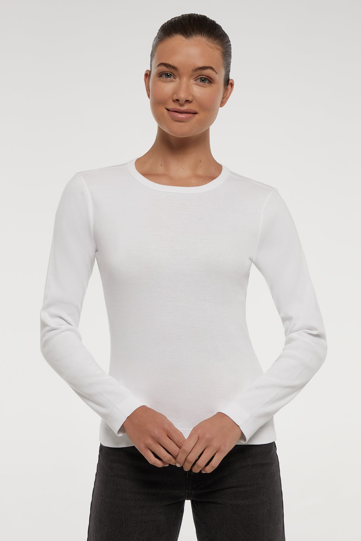 Ribbed Crew Neck Long Sleeve Tee White Three Dots