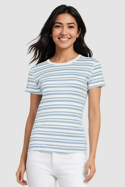 Crew-Neck Short Sleeve Tee | Faded Denim Mature Stripes