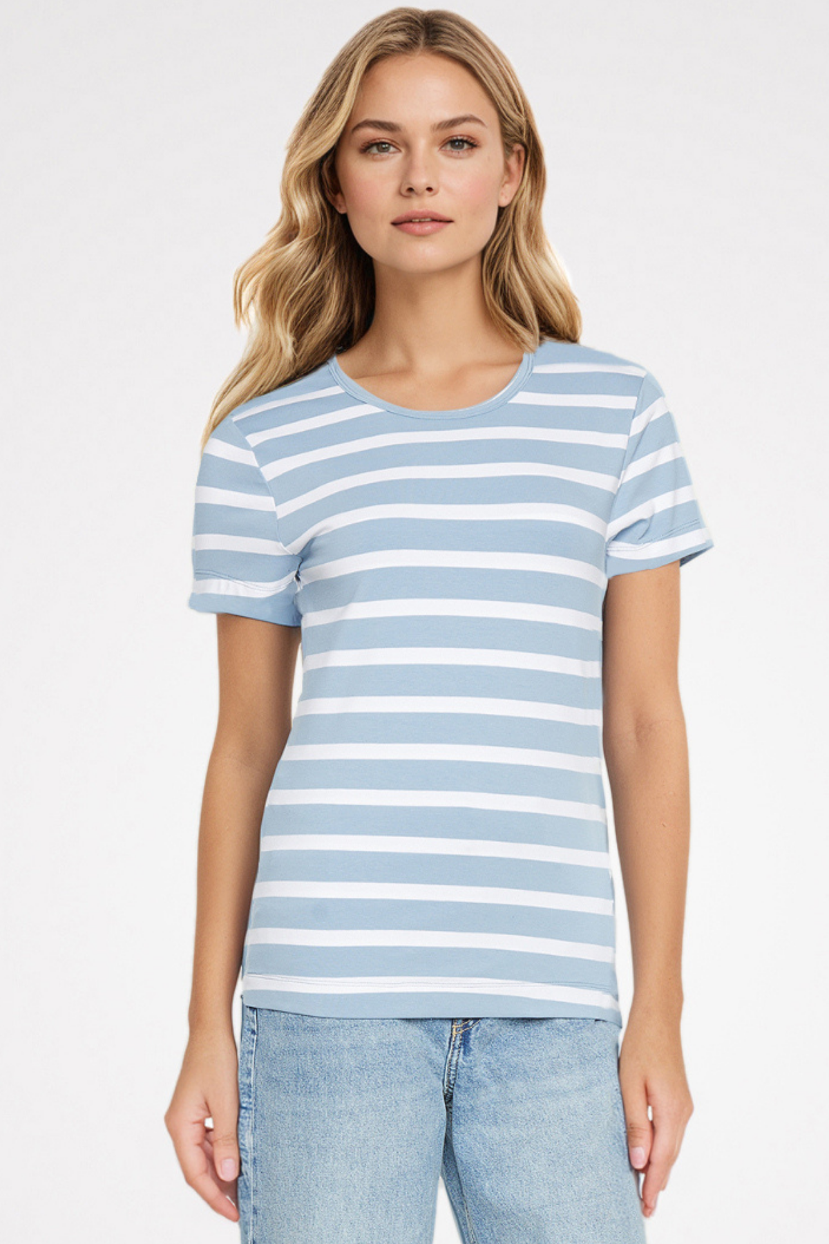 Jersey Crew-Neck Short Sleeve Tee | Faded Denim Classic Stripe