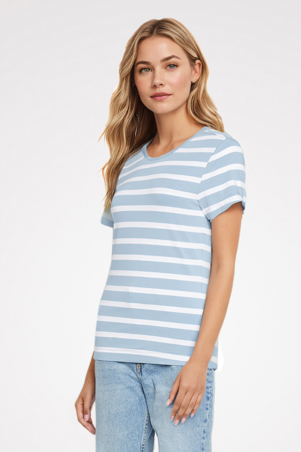 Jersey Crew-Neck Short Sleeve Tee | Faded Denim Classic Stripe