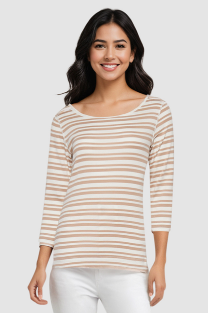 3/4 Sleeve British Tee | Light Taupe Mature Stripes