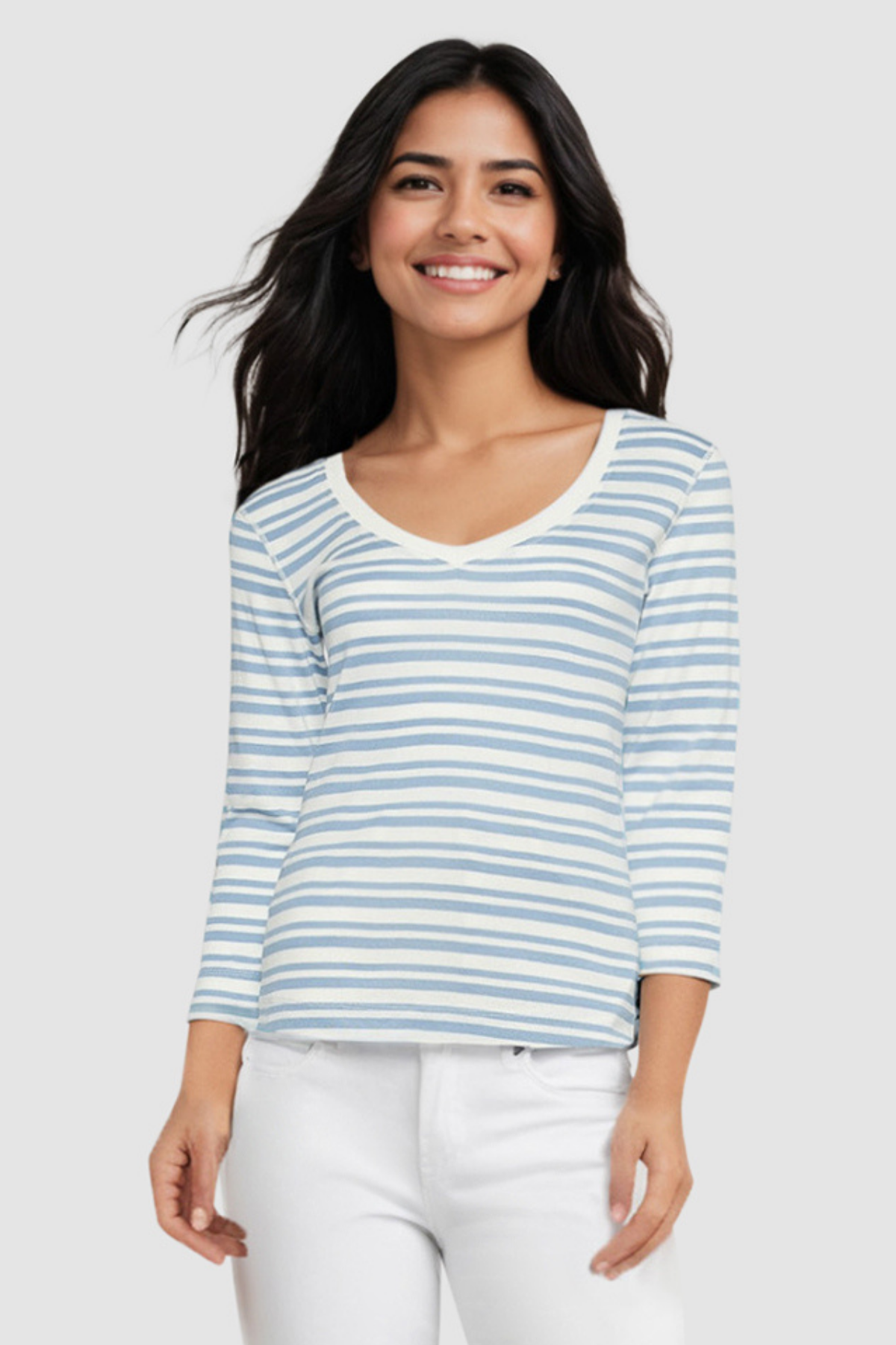 Knit 3/4 Sleeve V-Neck Tee | Faded Denim Mature Stripes