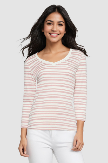 Knit 3/4 Sleeve V-Neck Tee | Zephyr Mature Stripes