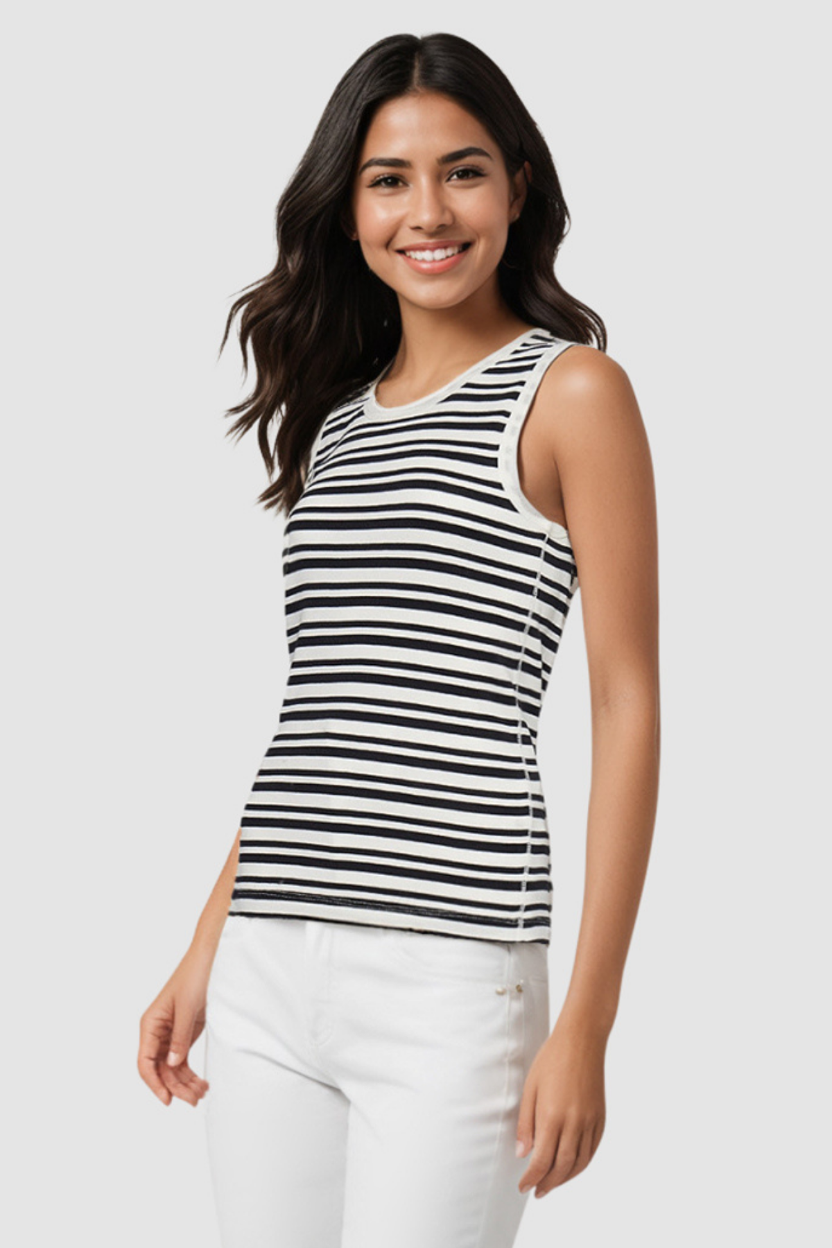 Ribbed Crew-Neck Tank | Black Beauty Mature Stripes