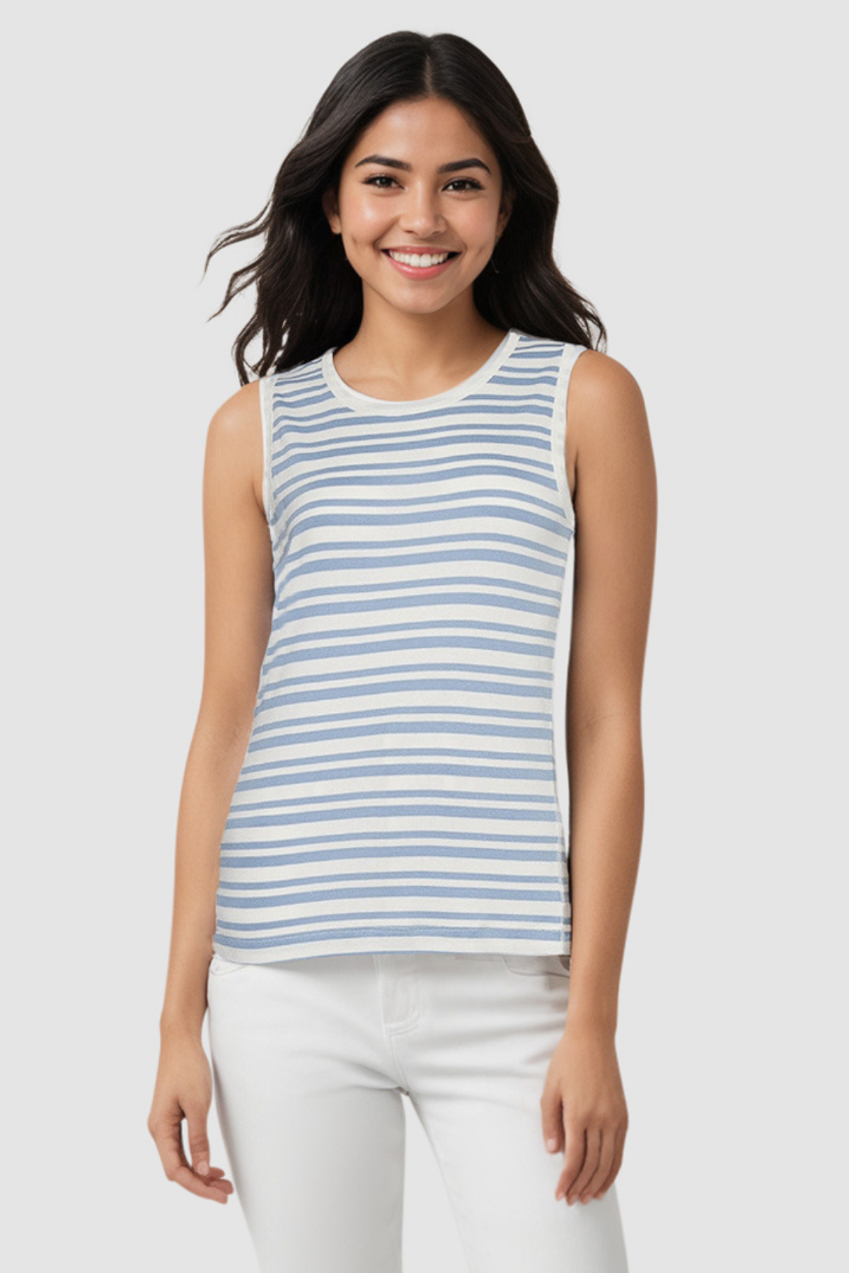 Ribbed Crew-Neck Tank | Faded Denim Mature Stripes