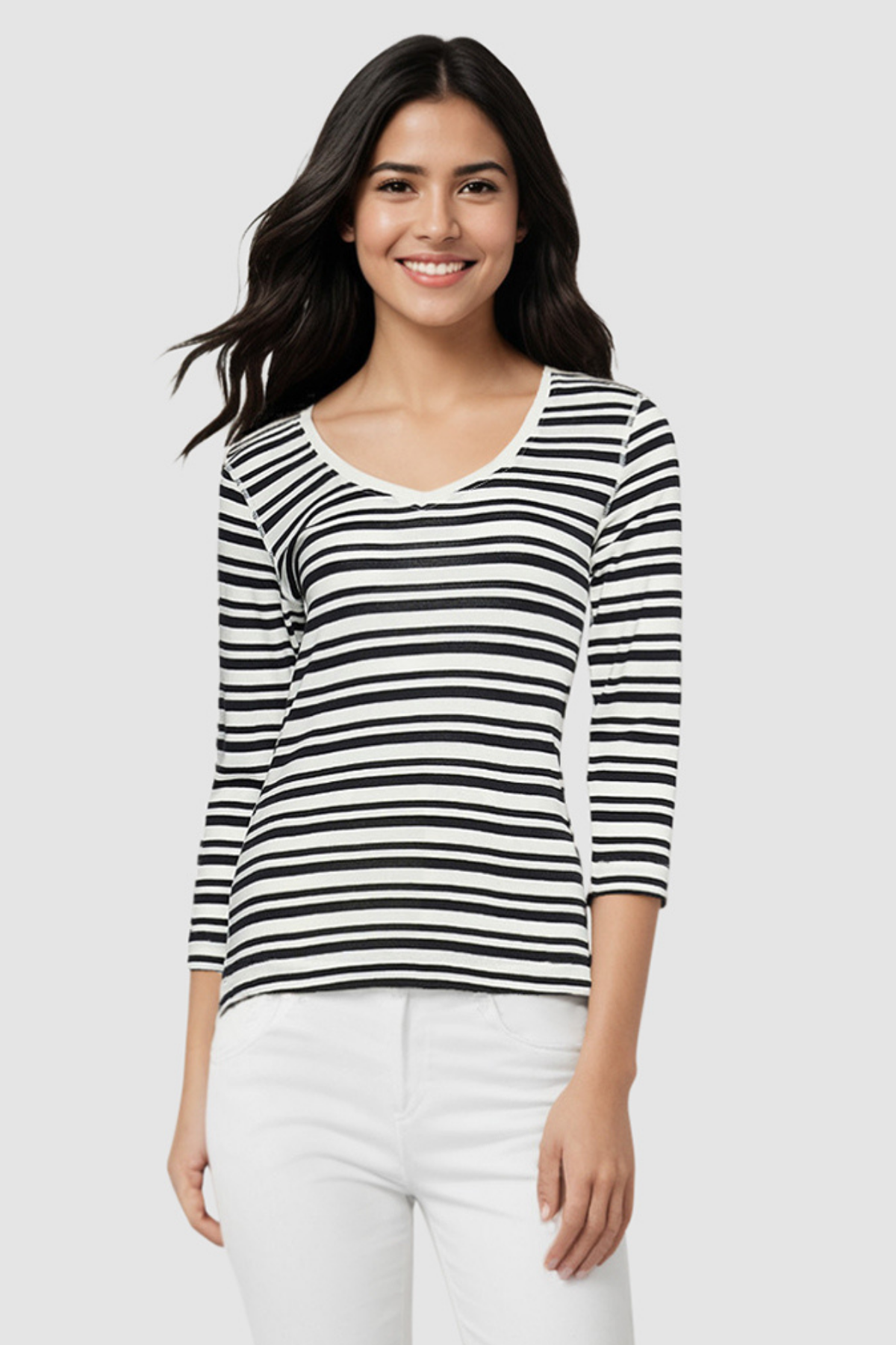 Knit 3/4 Sleeve V-Neck Tee | Black Beauty Mature Stripes