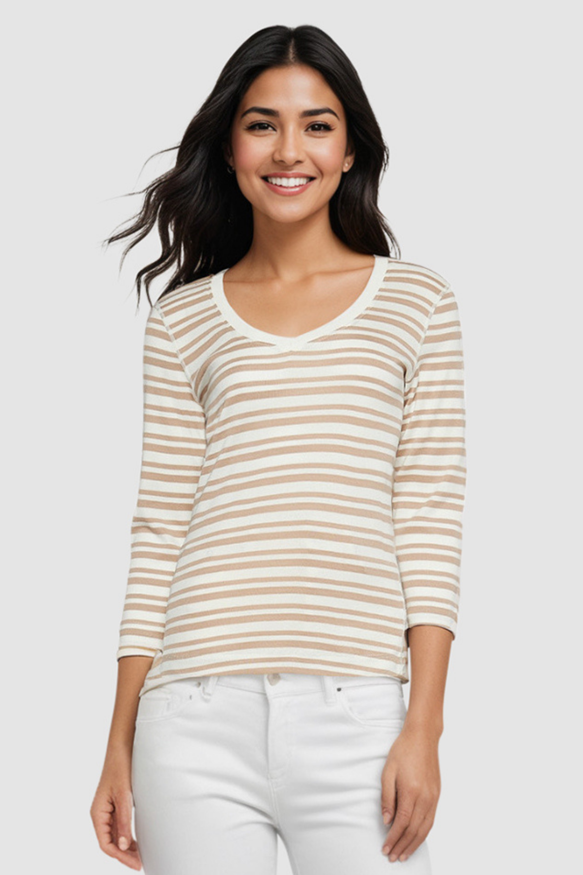 Knit 3/4 Sleeve V-Neck Tee | Light Taupe Mature Stripes