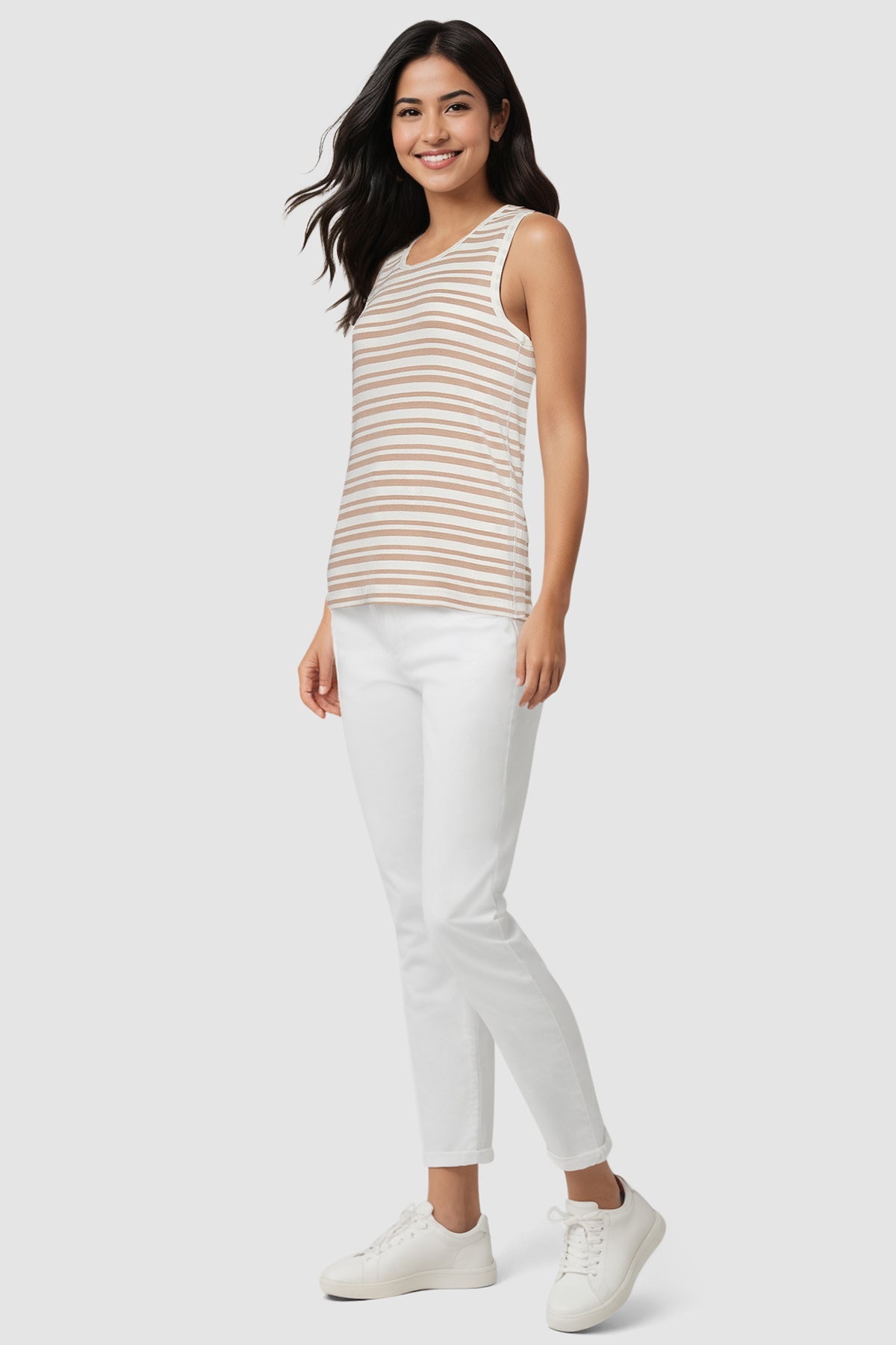 Ribbed Crew-Neck Tank | Light Taupe Mature Stripes