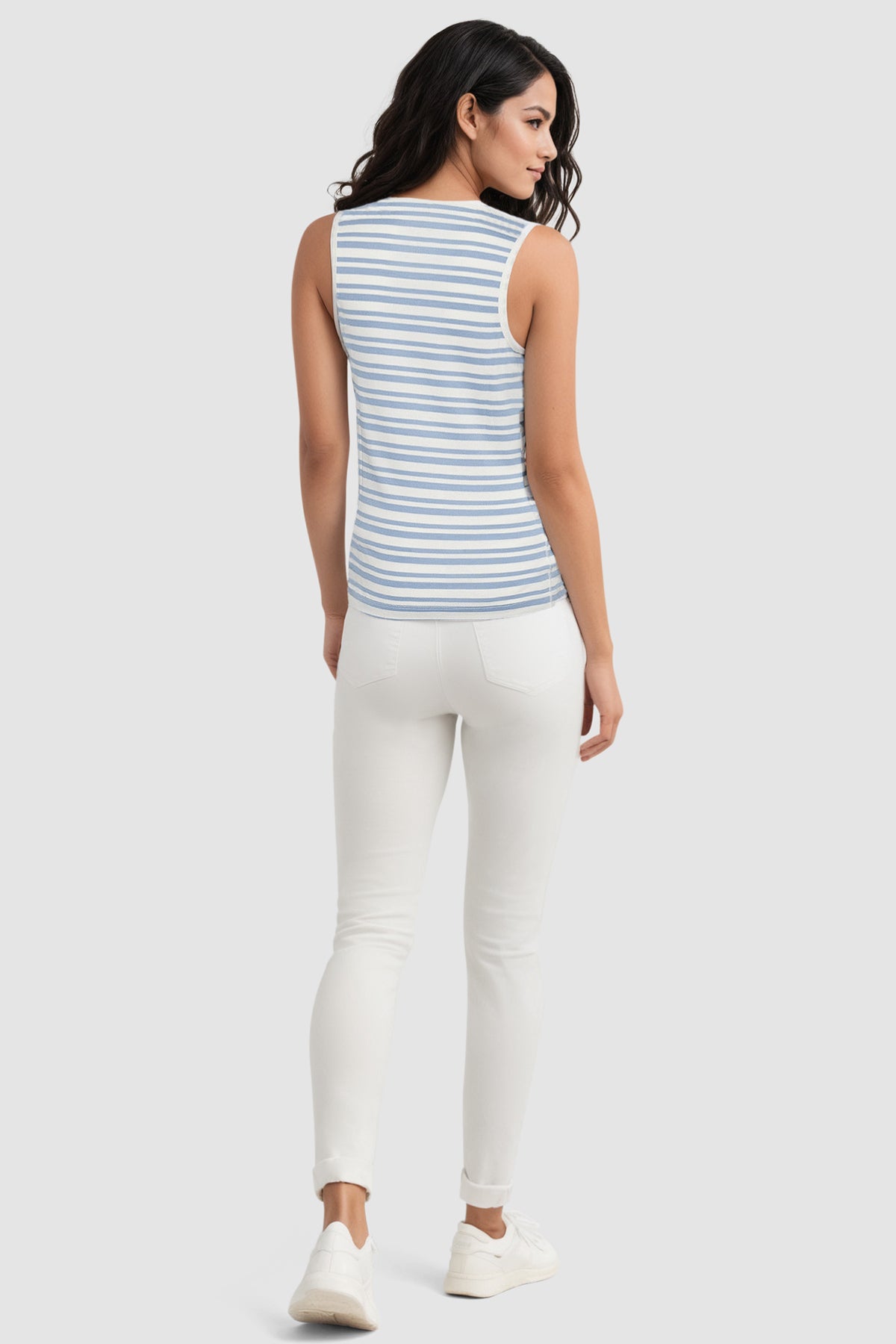 Ribbed Crew-Neck Tank | Faded Denim Mature Stripes