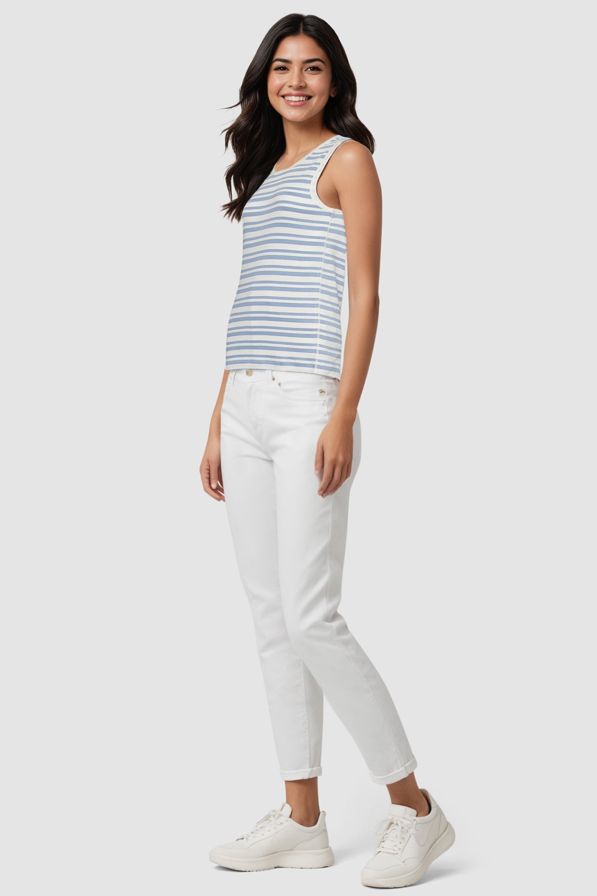 Ribbed Crew-Neck Tank | Faded Denim Mature Stripes