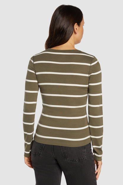 Ribbed Crew-Neck Long Sleeve Tee | Olive Stripe