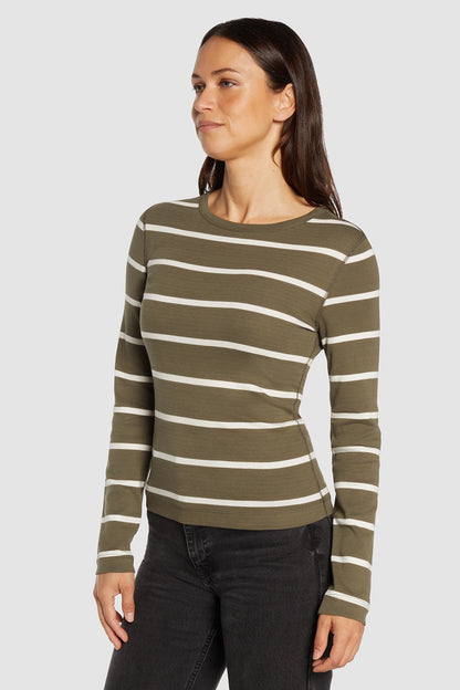 Ribbed Crew-Neck Long Sleeve Tee | Olive Stripe