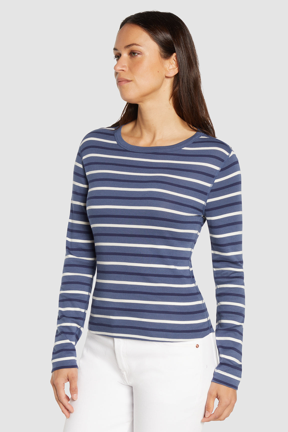 Ribbed Crew-Neck Long Sleeve Tee | Partly Cloudy Stripe