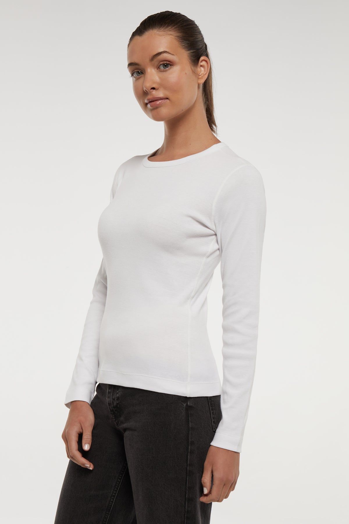 Ribbed Crew-Neck Long Sleeve Tee | White