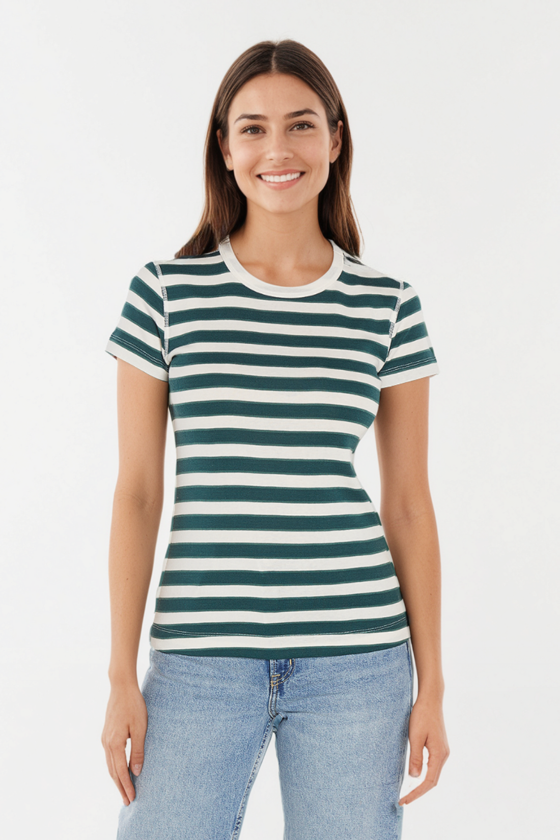 Crew-Neck Short Sleeve Tee | Egret Sea Moss Blue Spruce Stripe