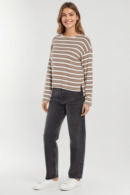 Rumi Long Sleeve Tee | Egret Taupe Chicory Coffee Stripe