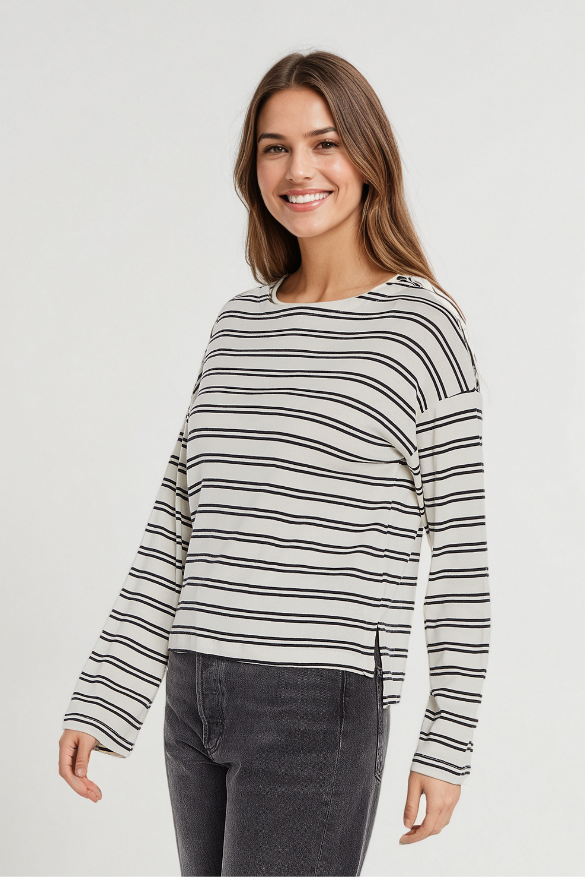 Rumi Long Sleeve Tee | Egret Black Beauty Stripe