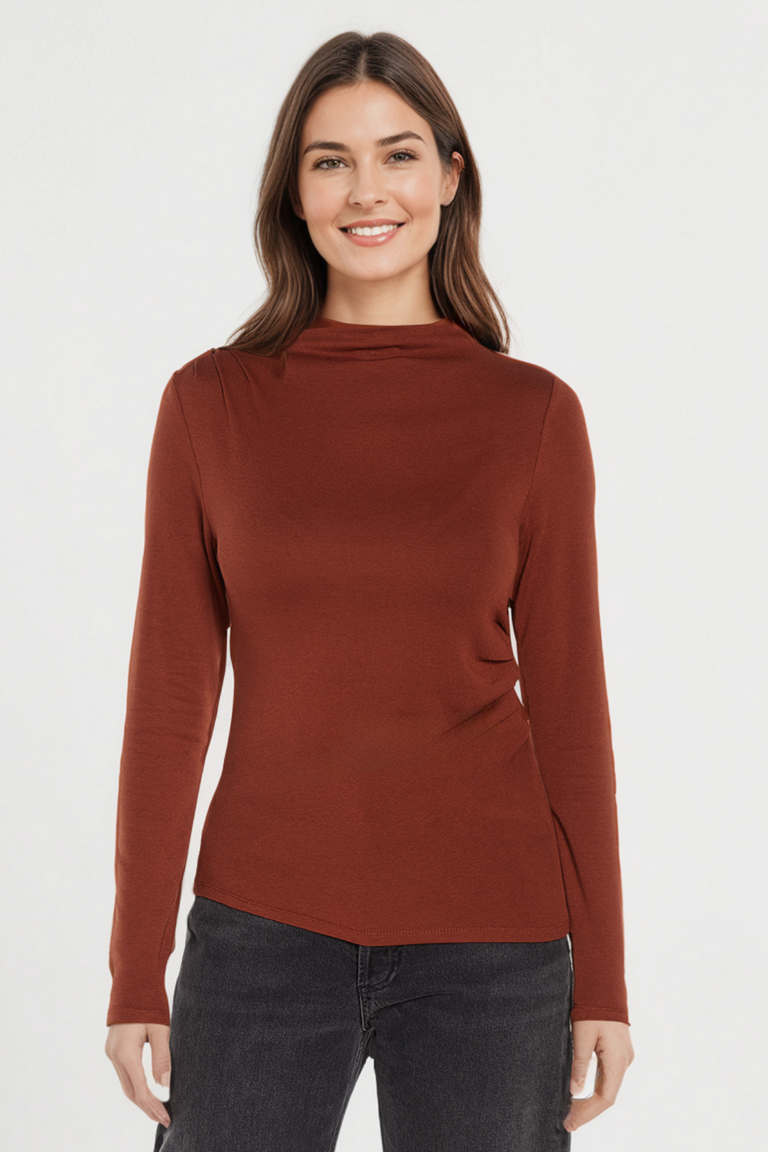 Ramy Pleated Long Sleeve Tee | Cherry Mahogany